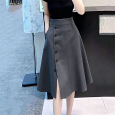 批发深灰色高腰排扣开叉半身裙女2026夏季新款<b class='q'>通勤</b>显瘦中长版A字裙