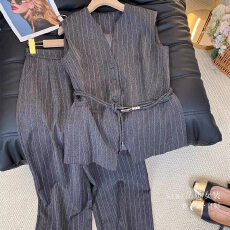 批发欧货条纹马甲套装女2026早春新款chic高级感背心<b class='q'>西装</b>阔腿裤两件套