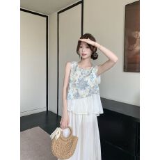 批发不规则网纱拼接显瘦印花上衣高腰半身裙女2025夏季新款时尚套装潮