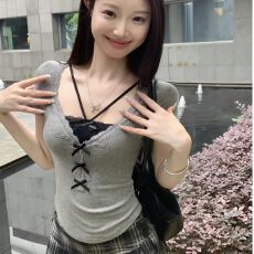 批发纯欲蕾丝蝴蝶结灰色短袖辣妹T恤夏季修身假两件绝美短款上衣