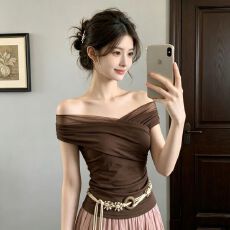 批发韩系一字肩短袖t恤女夏季修身显瘦设计感上衣褶皱网纱露肩小衫潮