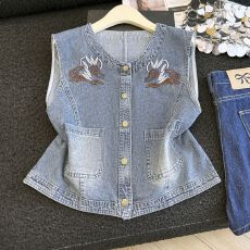 批发夏季新款重工牛仔马甲女装韩系刺绣2026欧货上衣翻领背心薄款