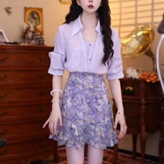 批发巨好看的夏装一整套女韩系纽扣翻领短袖衬衫碎花半身裤裙两件套潮