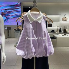 显瘦女装2026夏季新款法式都市翻领条纹超宽松无袖罩衫衬衫ins