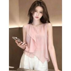 批发韩系chic独特巨好看<b class='q'>无袖</b>背心小衫女夏季新款雪纺粉色衬衫上衣雪纺