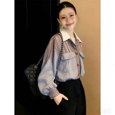 批发2026新款独特漂亮小衫法式洋气时髦韩系减龄蓝色拼接长袖衬衫