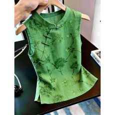 批发复古国风立领盘扣马甲女2026夏季新款绿色印花无袖显瘦新中式上衣