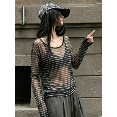 批发韩系辣妹风黑色条纹圆领<b class='q'>长袖</b>T恤女夏季薄款微透防晒罩衫宽松上衣