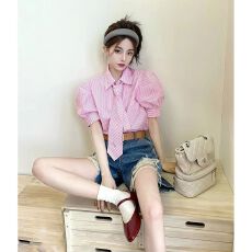 批发夏季新款港风复古甜美减龄粉色条纹领带衬衫破洞<b class='q'>牛仔</b>裤女两件上度