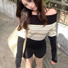 批发韩系<b class='q'>长袖</b>毛衫女冬季高级感名媛复古提花一字肩毛衣显瘦露肩上衣