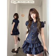 批发套装女2026夏季新款韩系学院风娃娃领仿牛仔短袖<b class='q'>衬衫</b>高腰蛋糕短裙
