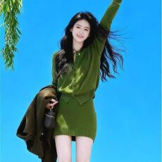 批发韩版高级感绿色针织开衫女女2026新款长袖显瘦上衣女包臀裙两件套