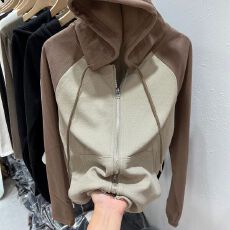 批发300斤大码女装胖mm百搭撞色拼接连帽T恤春秋新款拉链开衫长袖上衣