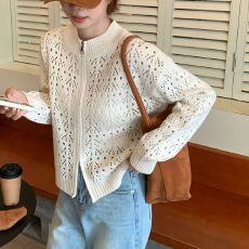 批发韩系钩花开衫外套女早秋穿搭设计感小香风上衣立领拉链镂空薄毛衣