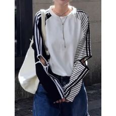 批发2026假两件条纹拼接镂空长袖t恤女<b class='q'>春</b>季显瘦宽松设计感小众上衣潮
