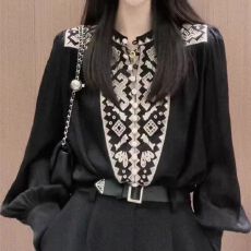 批发宽松显瘦重工刺绣黑色长袖衬衫女春秋季时尚气质<b class='q'>轻熟</b>风小众上衣潮