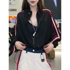 批发美式气质百搭撞色条纹防晒衣女夏日新款<b class='q'>运动服</b>轻薄透气时尚防晒服