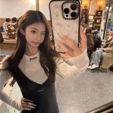 批发韩系白色圆领字母长袖上衣深V领吊带短款连衣裙女甜欲叠穿两件套