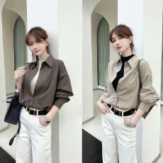 批发2026年秋季百搭格调美拉德<b class='q'>设计</b>感假两件衬衫<b class='q'>设计</b>感长袖显瘦衬衣女