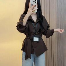 批发大码胖mm韩系高级感绑带长袖<b class='q'>衬衫</b>女气质正肩百搭收腰秋季<b class='q'>衬衣</b>上衣