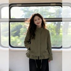 批发工装休闲风立领夹克女荷叶边下摆抽绳收腰设计感小众气质春秋外套