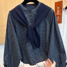 批发高端欧货早秋新款洋气<b class='q'>时尚</b>减龄针织披肩格子圆领单排扣<b class='q'>衬衫</b>上衣女