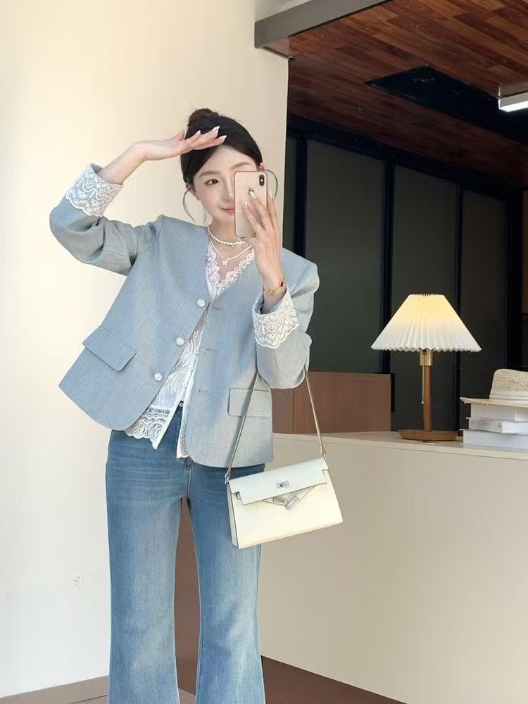 BY31445# 求职季减龄气质蕾丝拼接小香风西装外套女秋季新款小个子上衣  服裝批發女裝批發服飾貨源