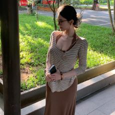 批发复古独特别致条纹罩衫挂脖吊带<b class='q'>连衣裙</b>两件套性感风包臀<b class='q'>露背</b>裙秋