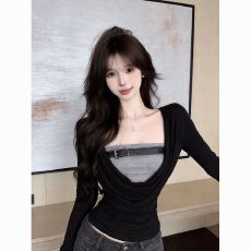 批发早秋新款美式假两件撞色荡领长袖上衣<b class='q'>欧美</b>风设计感叠穿辣妹<b class='q'>T</b><b class='q'>恤</b><b class='q'>女</b>