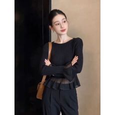 批发法式黑色圆领网纱荷叶边2026秋季新款轻奢辣妹时髦独特漂亮上衣
