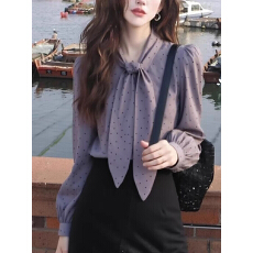 批发蝴蝶结<b class='q'>波点</b>灰色超火长袖<b class='q'>衬衫</b>女2026春季新款穿搭<b class='q'>衬衣</b>女士春秋上衣
