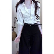 批发套<b class='q'>装</b>女2026夏季新款韩系辣妹假两件衬衫上衣高腰显瘦阔腿<b class='q'>裤</b><b class='q'>两件套</b>