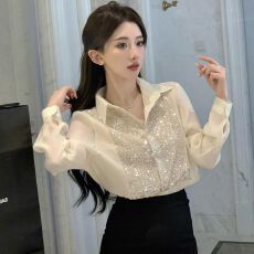批发高级感亮片<b class='q'>长袖</b>白衬衫女士春夏法式假两件设计感小众衬衣气质上衣