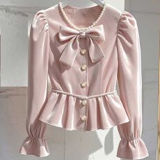 批发今年流行爆款蝴蝶结丝绒衬衫女<b class='q'>长袖</b>秋冬款钉珠设计感收腰显瘦上衣