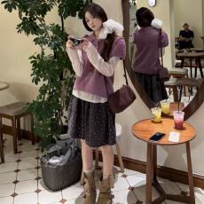 批发韩版学院风POLO领短袖针织毛衣外套打底内搭上衣<b class='q'>碎花</b>半身裙三件套