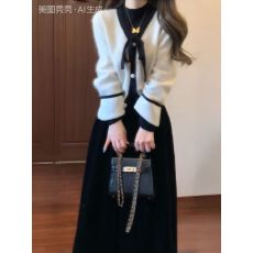 批发法式女生黑色显瘦上衣打底衫+高腰黑色半身裙一整套装