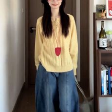 批发2026系带上衣针织衫新款宽松韩系慵懒秋季套头<b class='q'>毛衣</b>黄色通勤<b class='q'>毛衣</b>