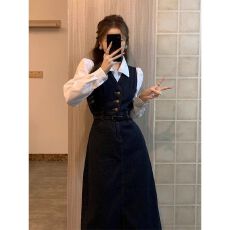 批发长款牛仔裙女秋季新款开叉气质复古收腰显瘦衬衫连衣裙套装<b class='q'>背心裙</b>