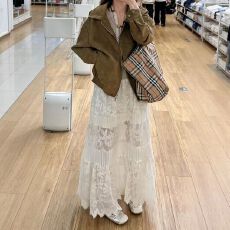 批发两个裙长~秋季奶杏色温柔风韩系<b class='q'>半身裙</b>钩花重工<b class='q'>蕾丝</b>提花拼接长裙