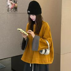 批发韩版休闲撞色拼色卫衣女阔袖设计上衣2026春季款宽松韩系穿搭长袖
