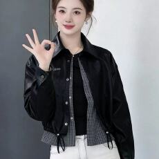 批发<b class='q'>韩版</b>撞色假两件皮衣外套女2026春秋新款高级感酷飒风显瘦减龄上衣