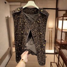批发简约欧洲站双排扣豹纹马甲外套女春秋外穿时髦洋气坎肩上衣潮爆款