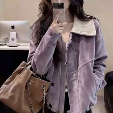 批发休闲风紫色麂皮翻领短外套女2026<b class='q'>春</b>季新款宽松高级感时尚夹克上衣
