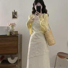 批发法式气质温柔风蕾丝v领吊带连衣裙女<b class='q'>夏季</b>爆款长裙+针织开衫套装女