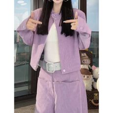 批发美式复古立领灯芯绒短款<b class='q'>夹克</b>外套女秋季时尚洋气直筒阔腿裤两件套