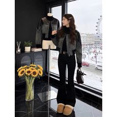 批发美式复古牛仔拼皮上衣显瘦短外套个性轻奢风早春季百搭流行新款女