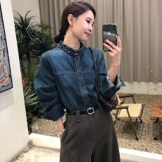 批发复古港风穿搭长袖<b class='q'>牛仔</b><b class='q'>衬衫</b>女春季设计感木耳边叠穿内搭<b class='q'>衬衣</b>上衣潮