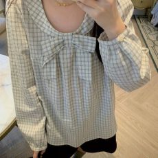 批发早秋格纹蝴蝶结衬衫女小众娃娃领宽松遮肉<b class='q'>泡泡袖</b>百搭长袖衬衣外穿
