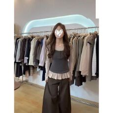 批发韩系蕾丝花边撞色拼接荷叶边下摆假两件长袖t恤女秋绝美温柔上衣