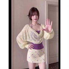 批发2026新款巨好看<b class='q'>紫色</b>碎花<b class='q'>连衣裙</b>子女早秋韩系穿搭一整套装包臀短裙